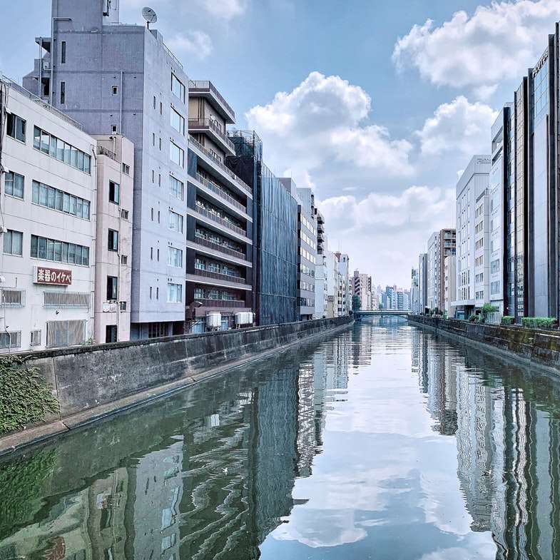 vodní plocha mezi výškovými budovami pod modrou oblohou posuvné puzzle online