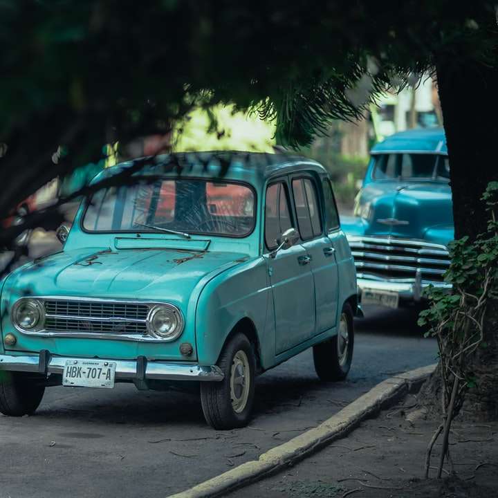 blaugrünes Auto auf der Straße geparkt Online-Puzzle