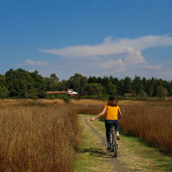 bărbat în cămașă galbenă care merge cu bicicleta pe câmpul de iarbă verde alunecare puzzle online