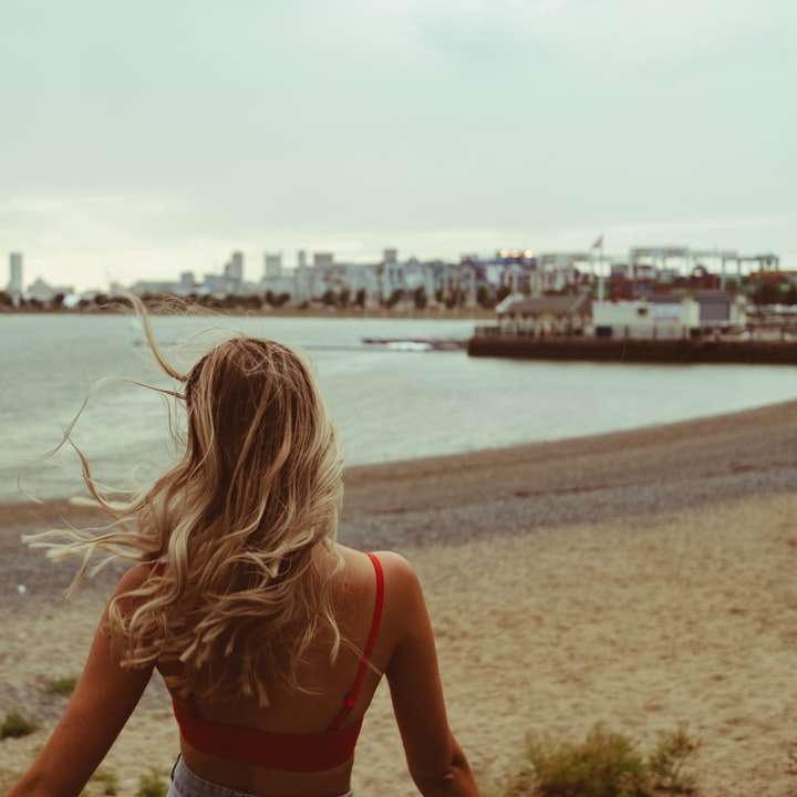 femme en bikini rouge debout sur la plage pendant la journée puzzle coulissant en ligne