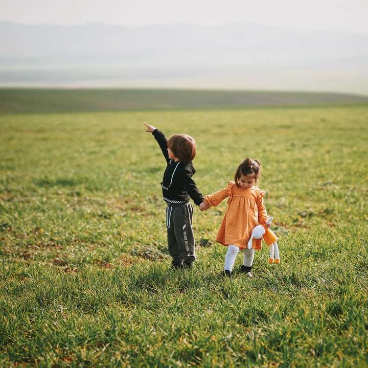 lány narancssárga ruhában sétál a zöld füves területen online puzzle