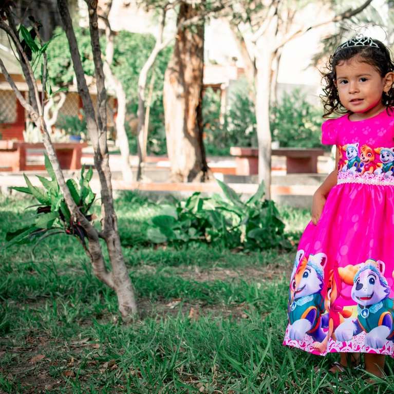 dziewczyna w różowo-białej kwiecistej sukience puzzle przesuwne online