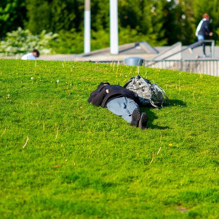 Zapatos de senderismo negros y grises en el campo de hierba verde puzzle deslizante online