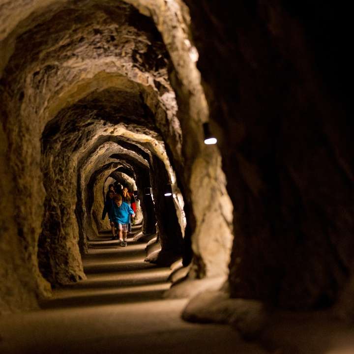 mujer en camisa azul caminando en el túnel rompecabezas en línea