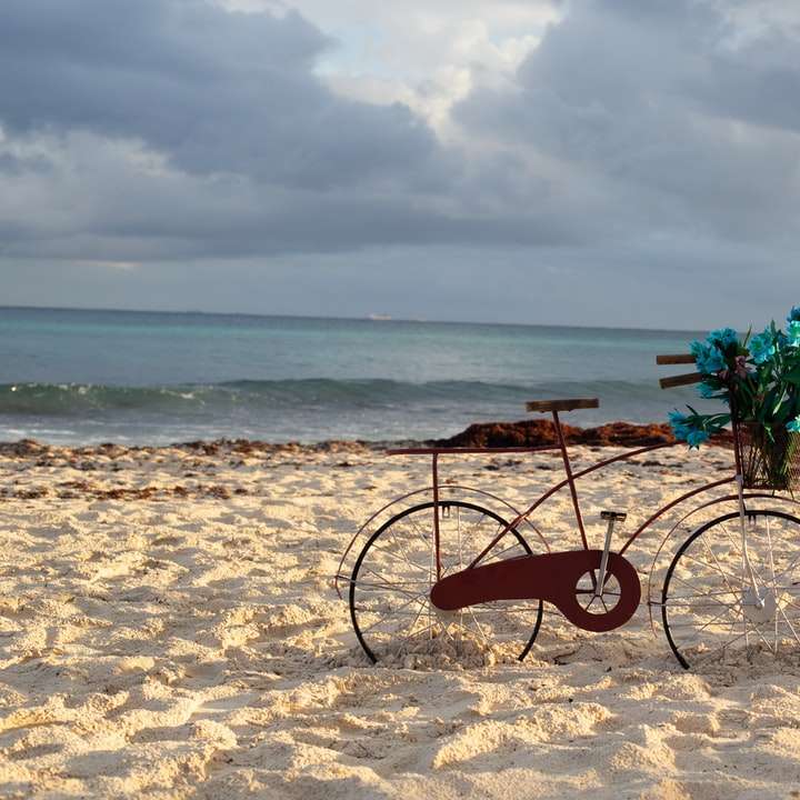 水域の近くの茶色の砂の上の茶色の自転車 オンラインパズル