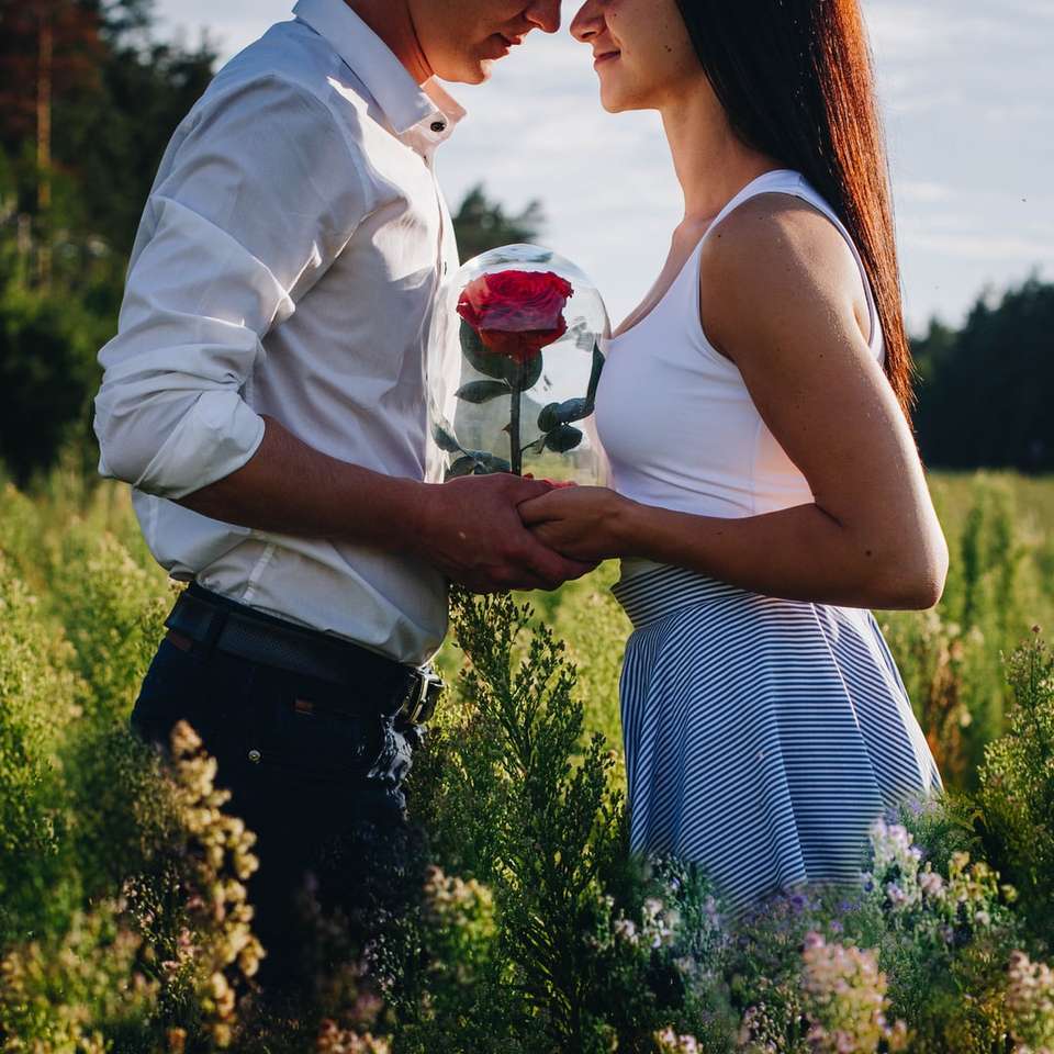 мужчина в белой рубашке держит красную розу онлайн-пазл