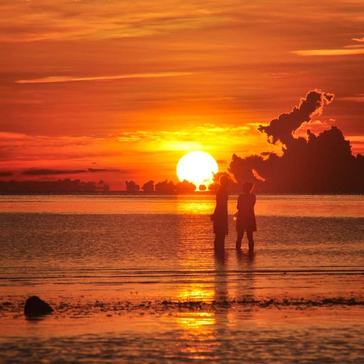 日没時にビーチに立っている2人のシルエット スライディングパズル・オンライン