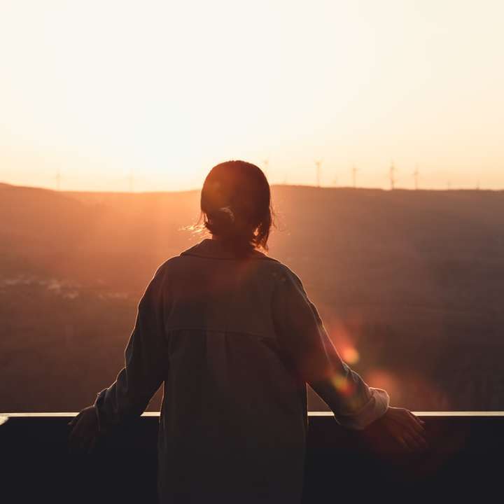 sylwetka mężczyzny stojącego na szczycie budynku podczas zachodu słońca puzzle online