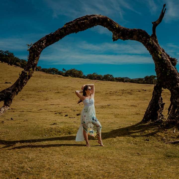 garota de vestido branco em pé ao lado de uma árvore marrom puzzle online