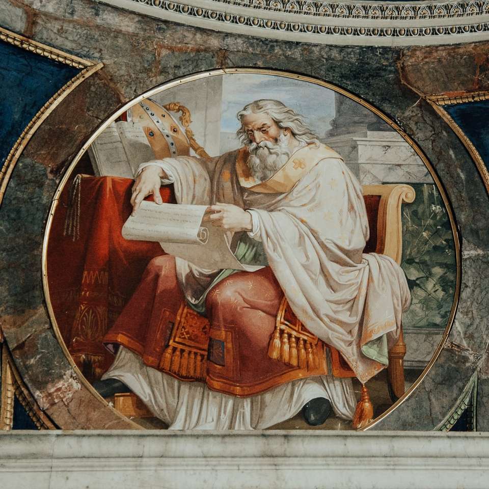 man in wit gewaad zittend op stoel schilderij online puzzel