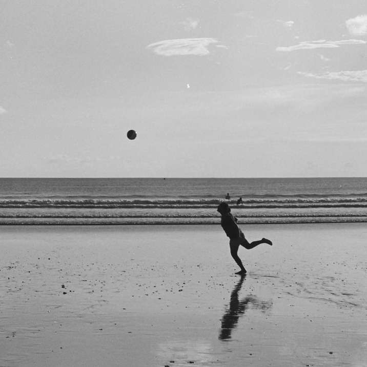 fotografie ve stupních šedi 2 dětí hrajících si na pláži online puzzle