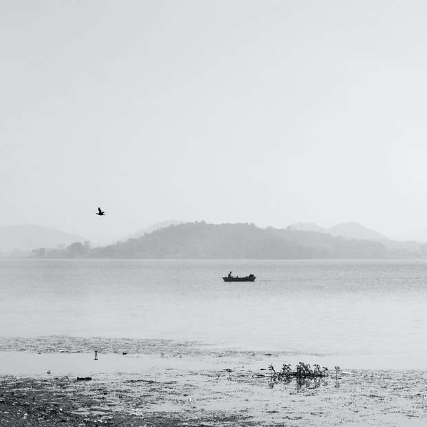 Фотография в оттенках серого, на которой изображены 2 человека на лодке по морю онлайн-пазл