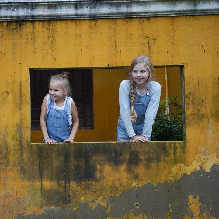 2 ženy stojící vedle hnědé dřevěné stěny online puzzle
