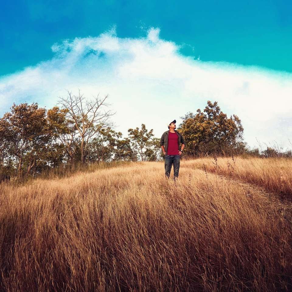 mężczyzna w czerwonej kurtce stojący na brązowym polu trawy puzzle przesuwne online