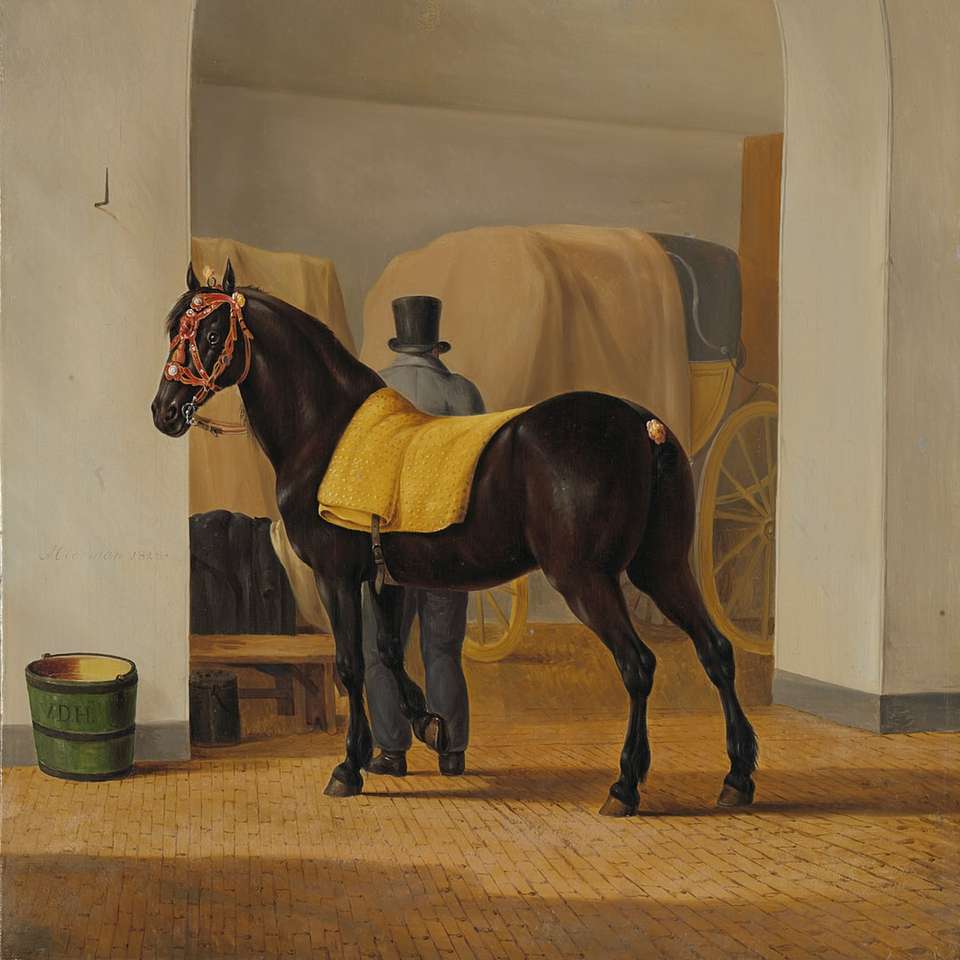 cheval brun dans une salle de peinture murale blanche puzzle coulissant en ligne
