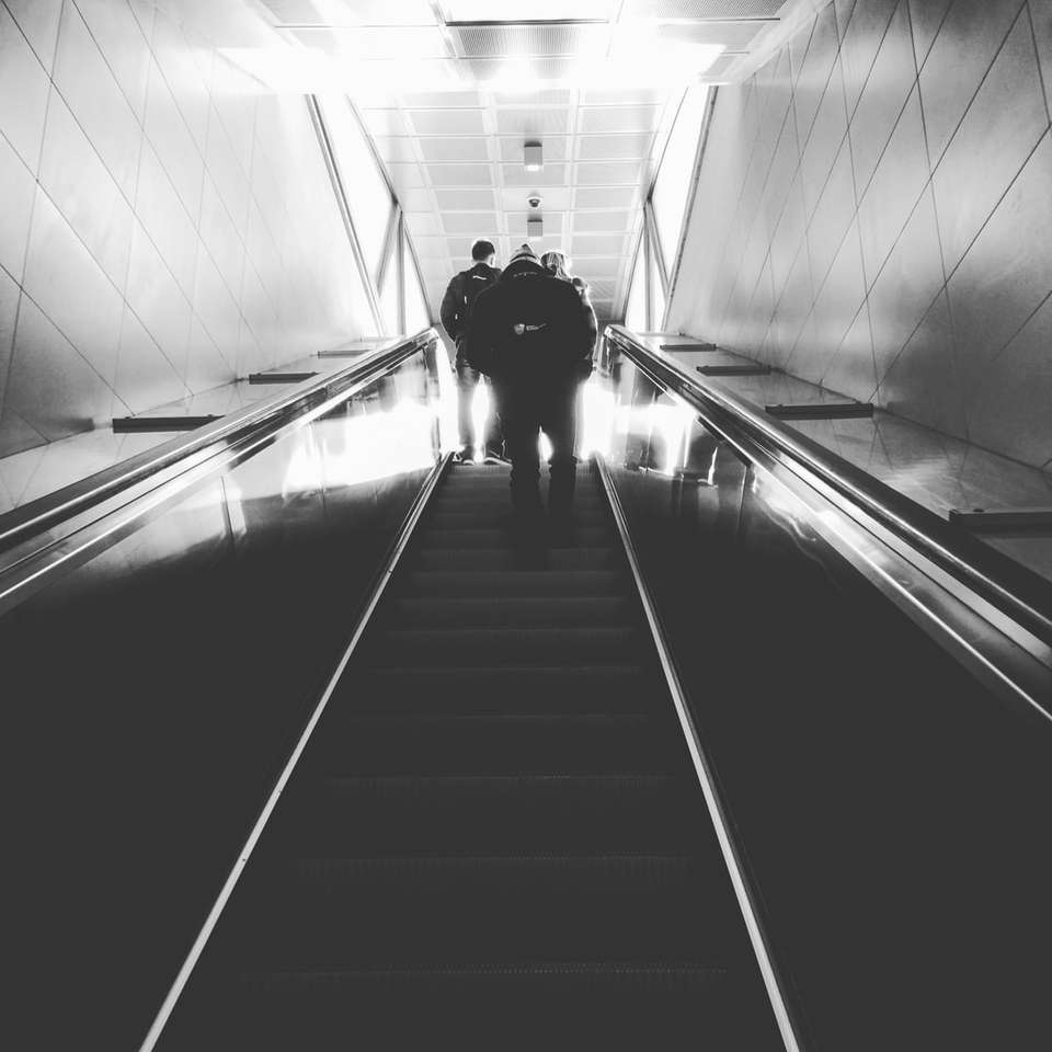 Fotografía en escala de grises del hombre en la escalera mecánica rompecabezas en línea