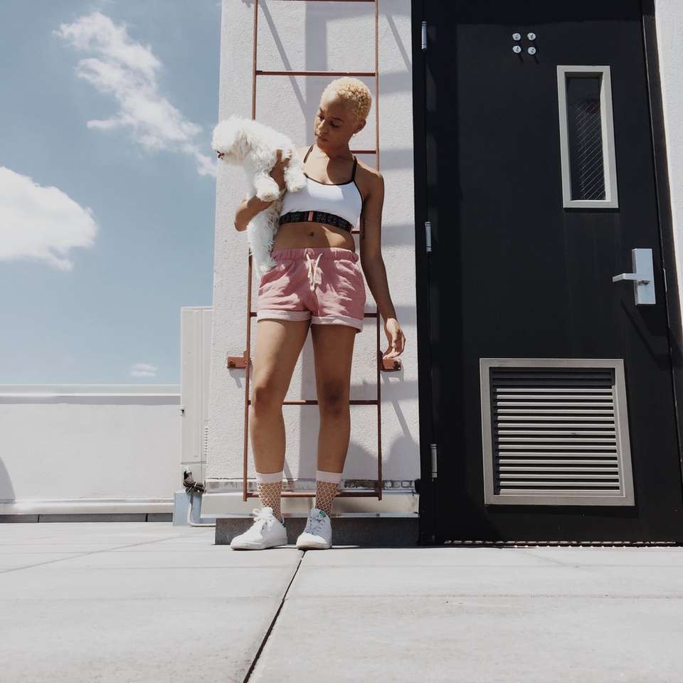 vrouw houdt puppy met lange vacht vast aan de bovenkant van het gebouw online puzzel