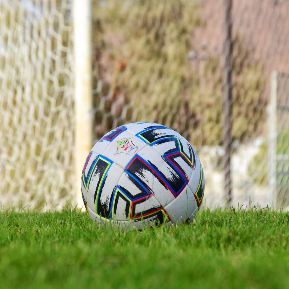 pallone da calcio bianco blu e rosso sul campo di erba verde puzzle scorrevole online