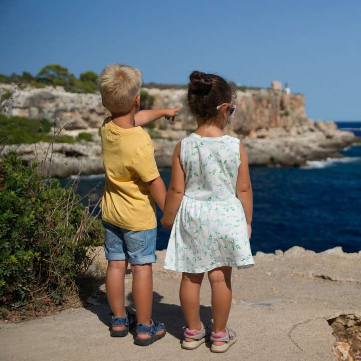 dvě děti stojící poblíž útesu a dívají se na oceán posuvné puzzle online