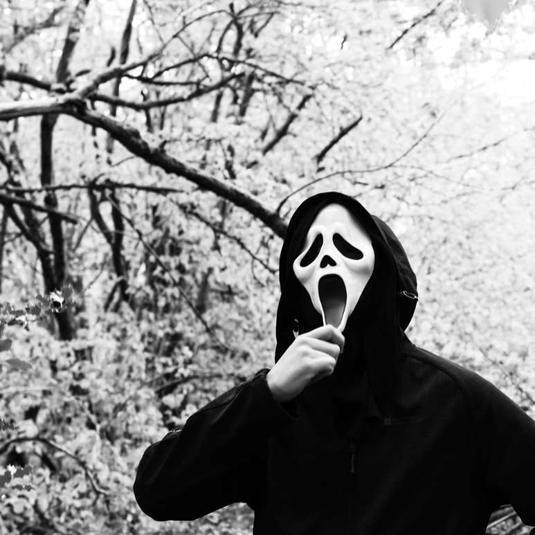 persona in maschera in bianco e nero e felpa con cappuccio nera puzzle online