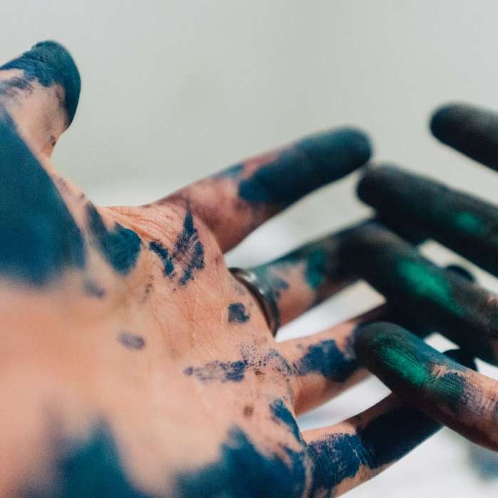 ръка на човек със зелена и синя боя плъзгащ се пъзел онлайн