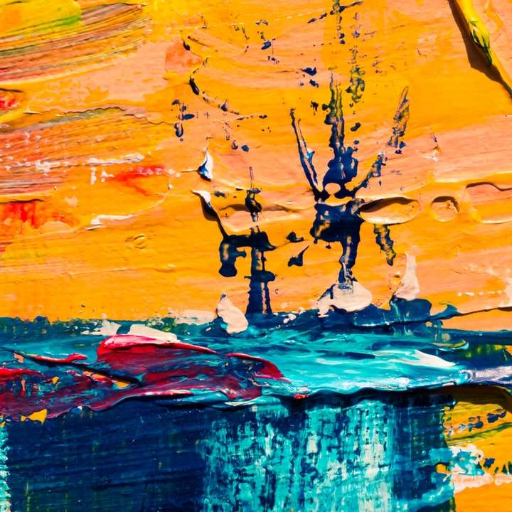 oranje, rood en blauw abstract schilderij online puzzel