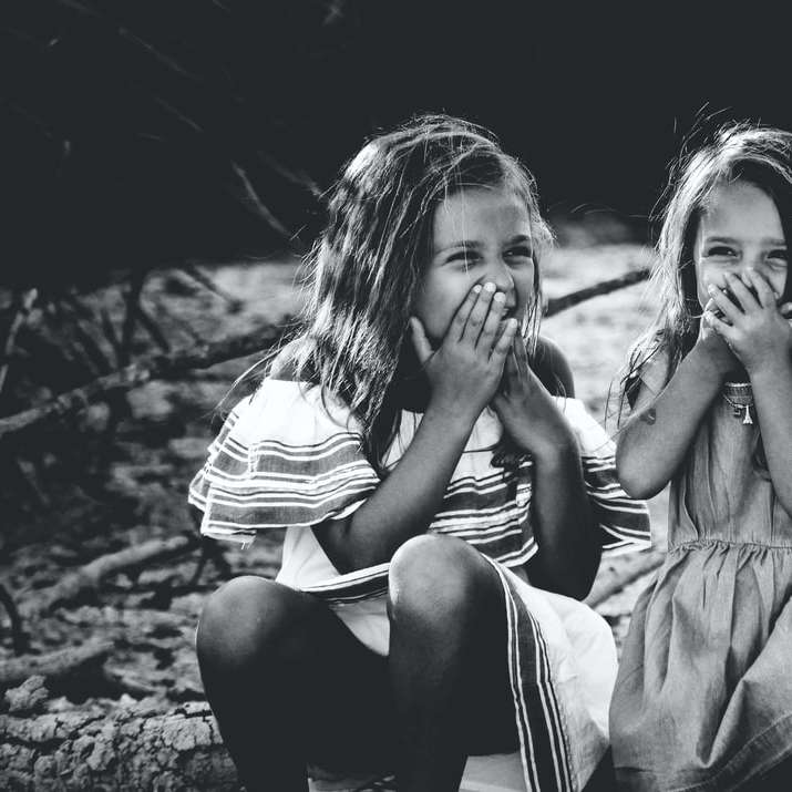 grayscale photography of two girls closing their mouths sliding puzzle online