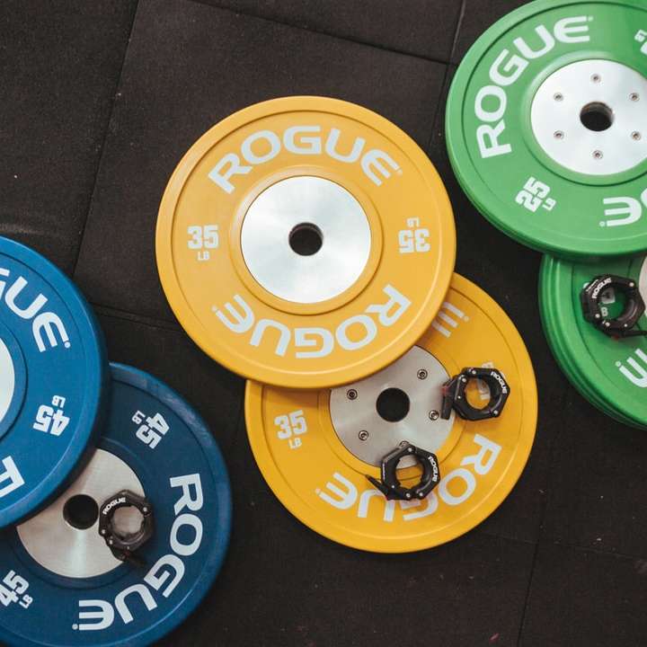three pairs of assorted-color Rogue bumper plates online puzzle