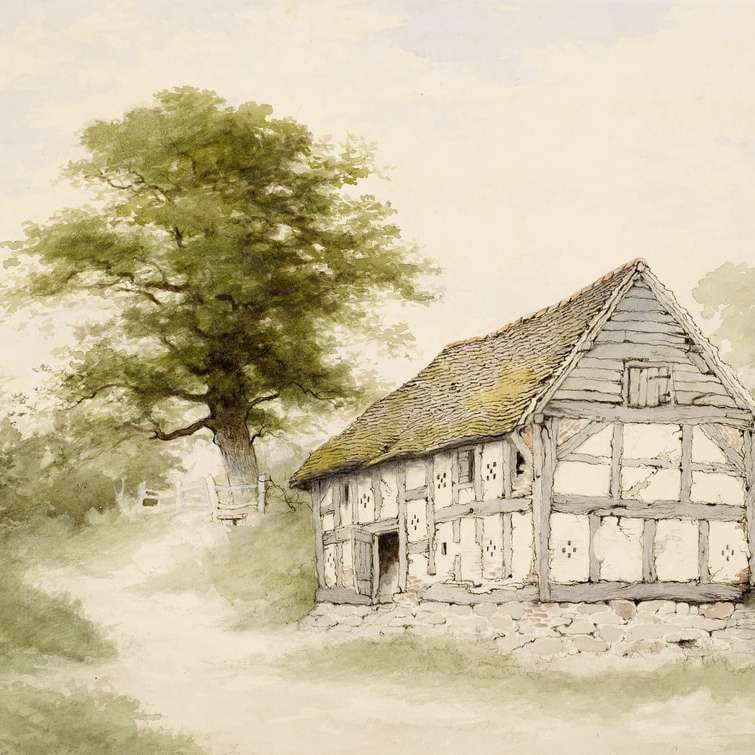 рисуване върху бяла къща до дърво с зелени листа плъзгащ се пъзел онлайн