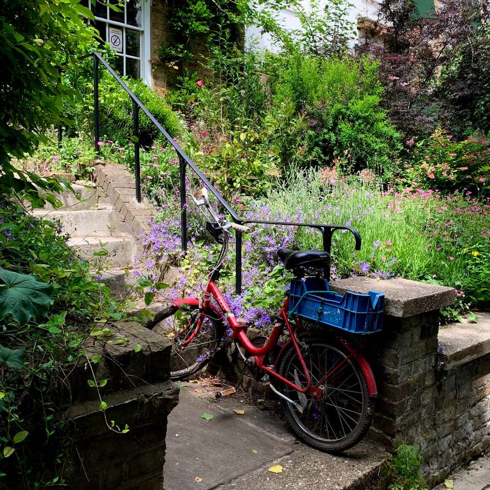 bicicleta rosie parcata langa plante verzi puzzle online