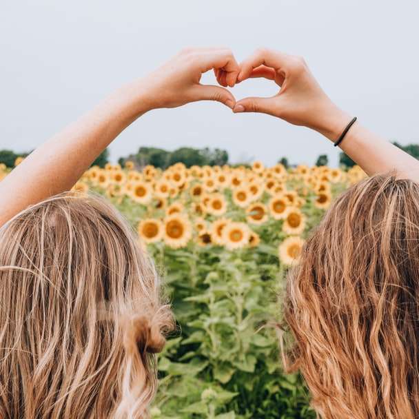 two women forming heart-shape using hands fronting sunflower field sliding puzzle online