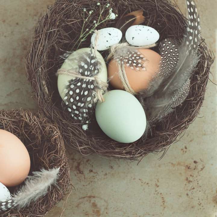 cinco huevos de aves de corral blancos y marrones rompecabezas en línea