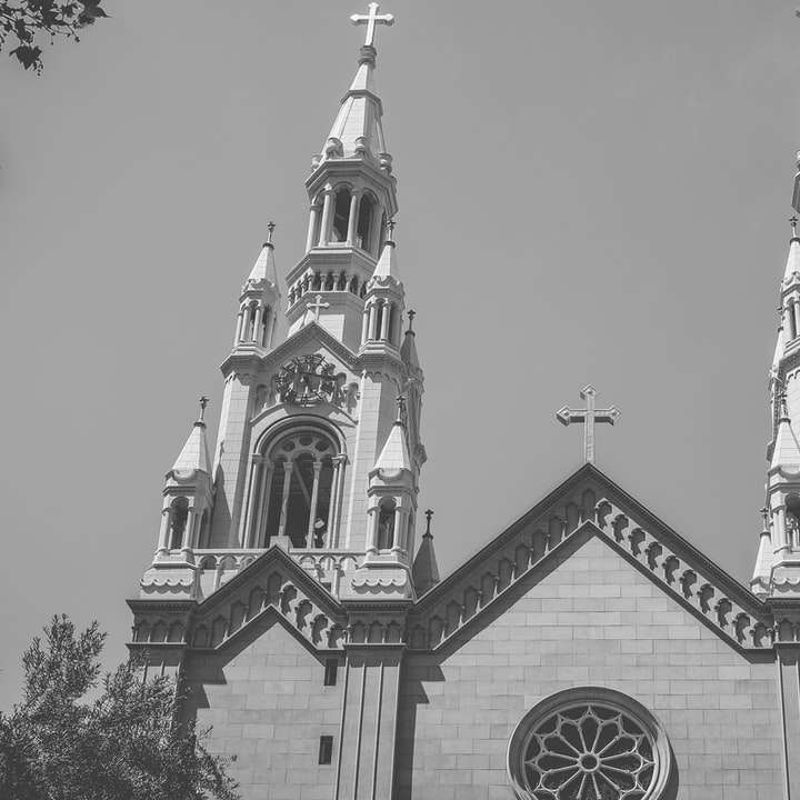 gråskalefoto av katedralen glidande pussel online