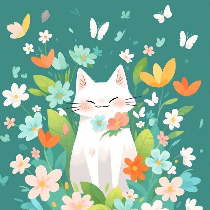 Gatito y flores rompecabezas en línea