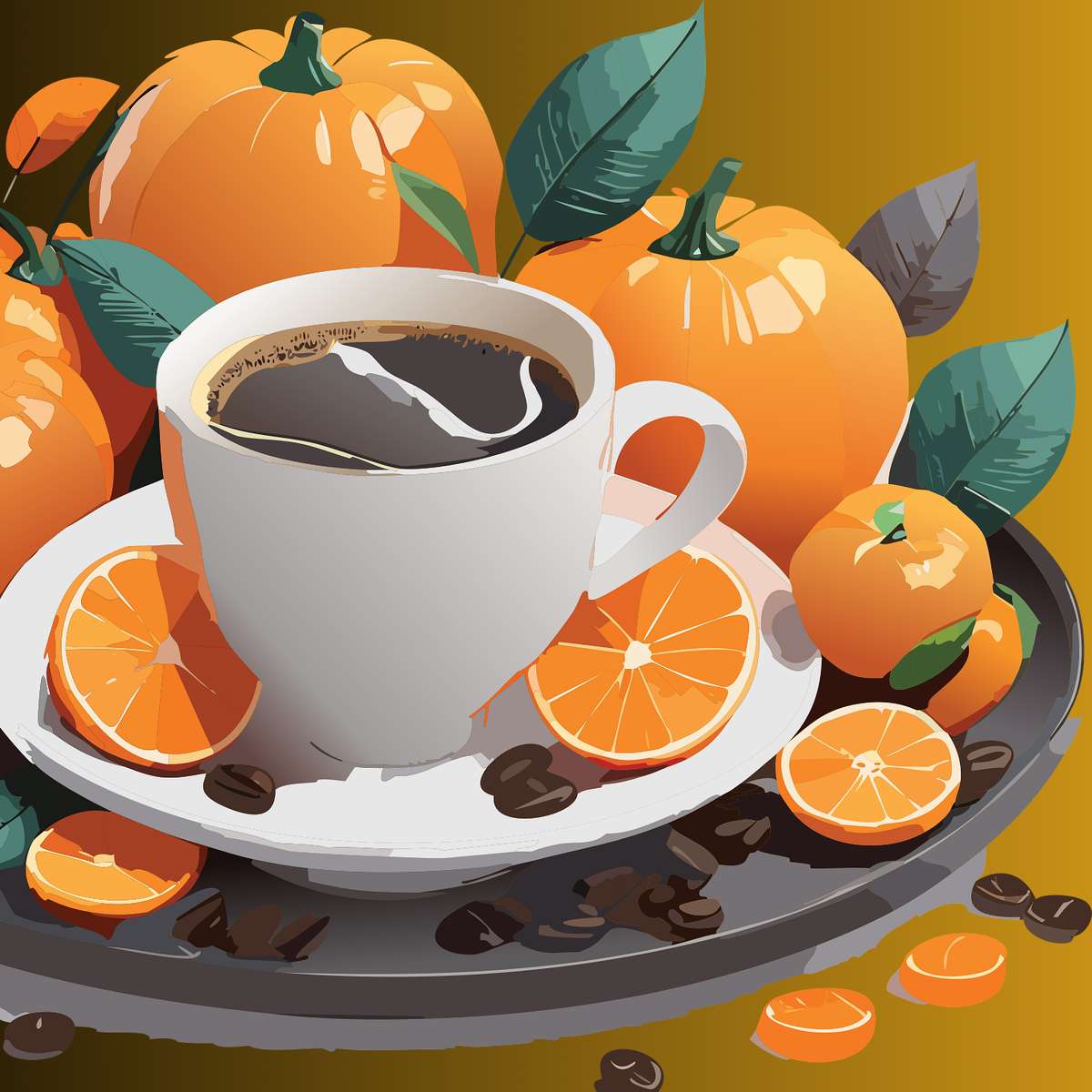 Pumpkin, coffee, oranges sliding puzzle online