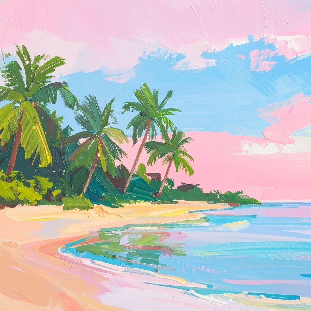 Pastelschilderij van tropisch strand met palmbomen online puzzel